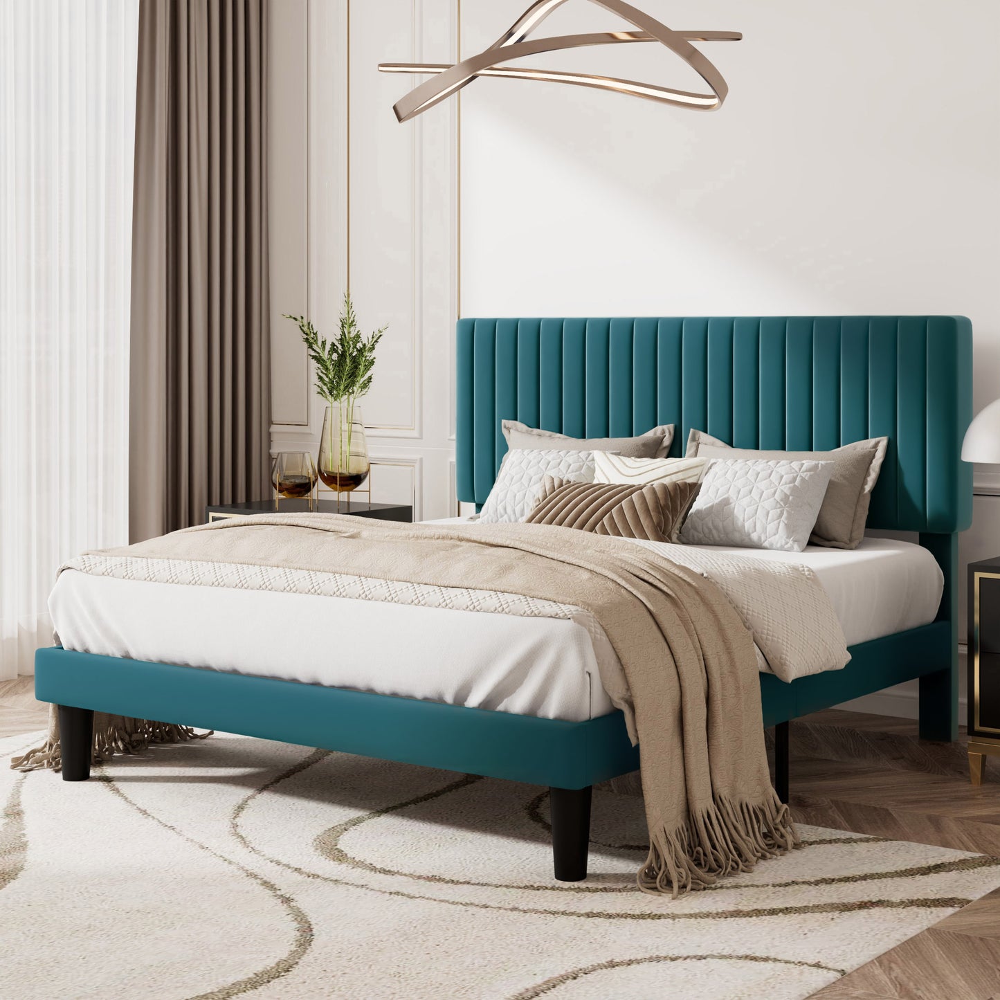Upholstered Platform Bed Frame with Vertical Channel Tufted Velvet Headboard