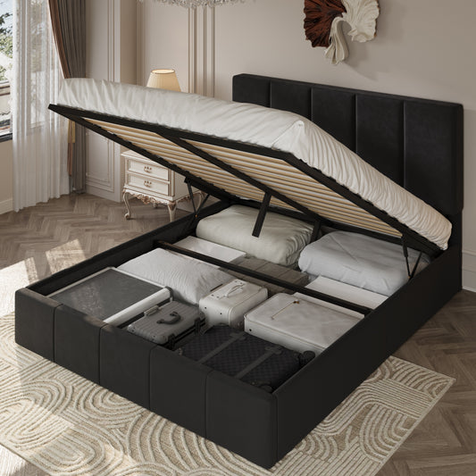 Amolife Lift Up Storage Bed Frame with Velvet Adjustable Headboard and Ample Storage Space, No Box Spring Needed