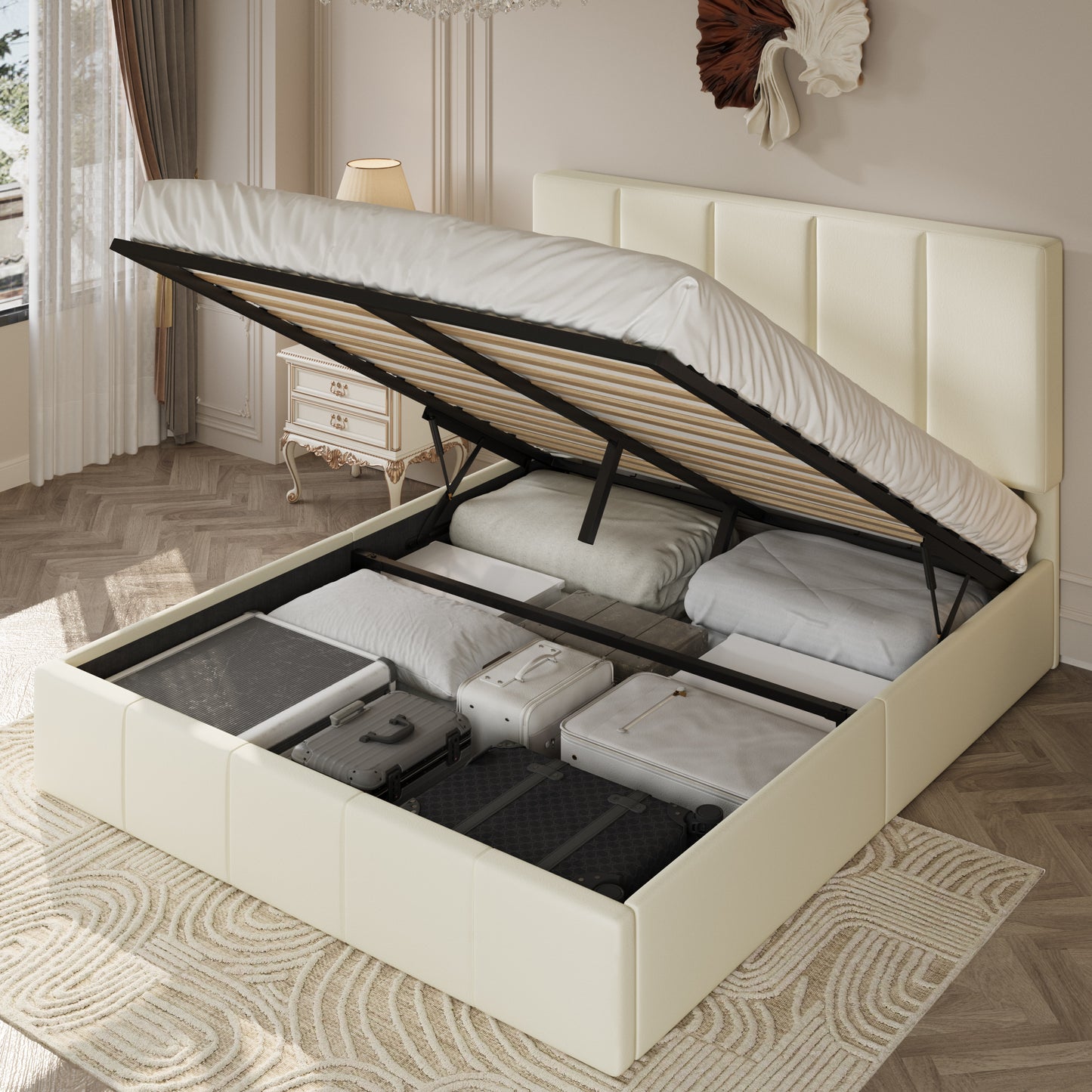 Amolife Lift Up Storage Bed Frame with Velvet Adjustable Headboard and Ample Storage Space, No Box Spring Needed