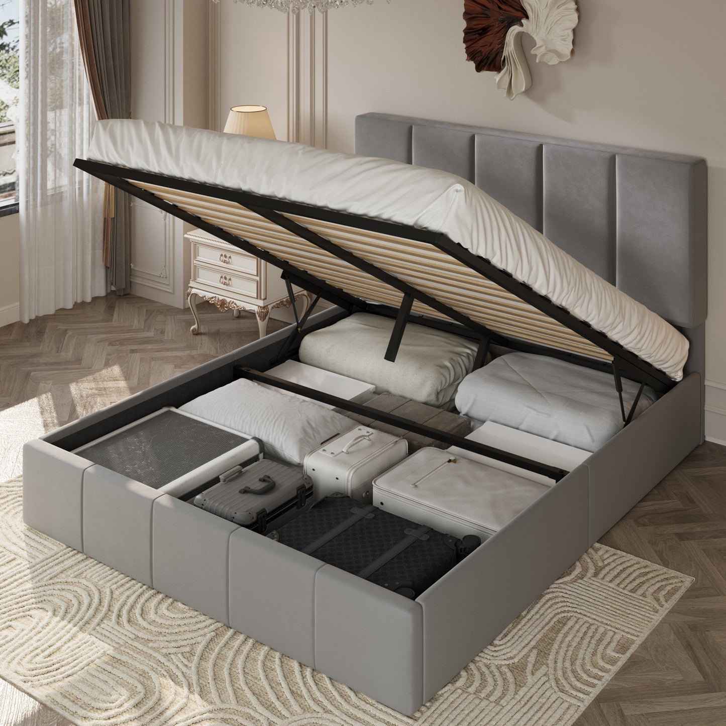 Amolife Lift Up Storage Bed Frame with Velvet Adjustable Headboard and Ample Storage Space, No Box Spring Needed