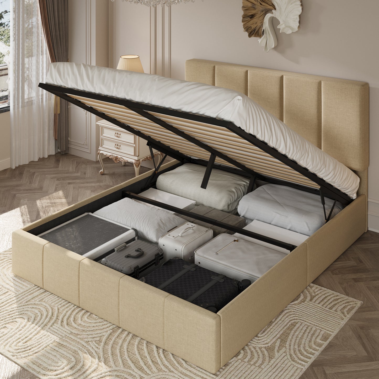 Amolife Lift Up Storage Bed Frame with Velvet Adjustable Headboard and Ample Storage Space, No Box Spring Needed
