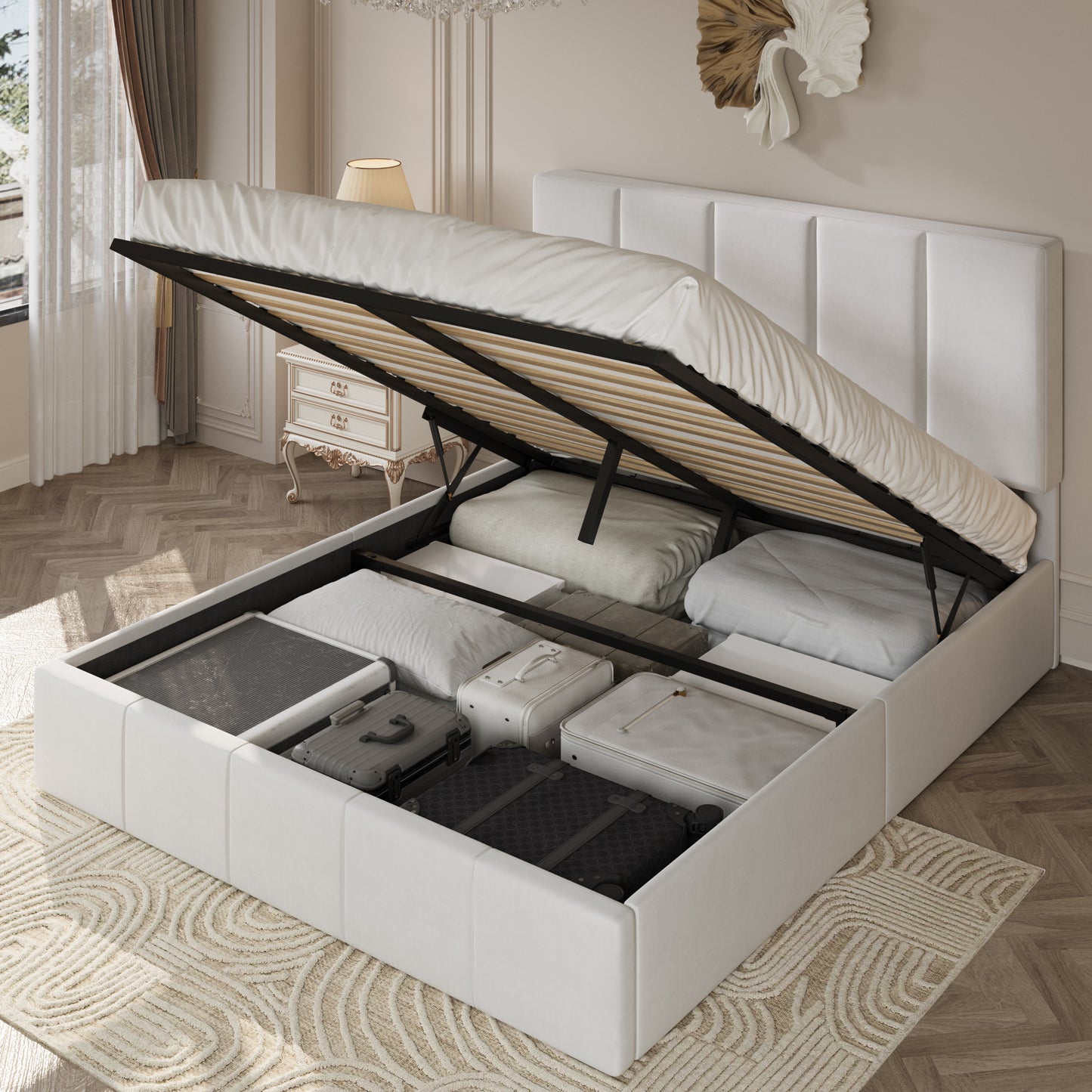 Amolife Lift Up Storage Bed Frame with Velvet Adjustable Headboard and Ample Storage Space, No Box Spring Needed