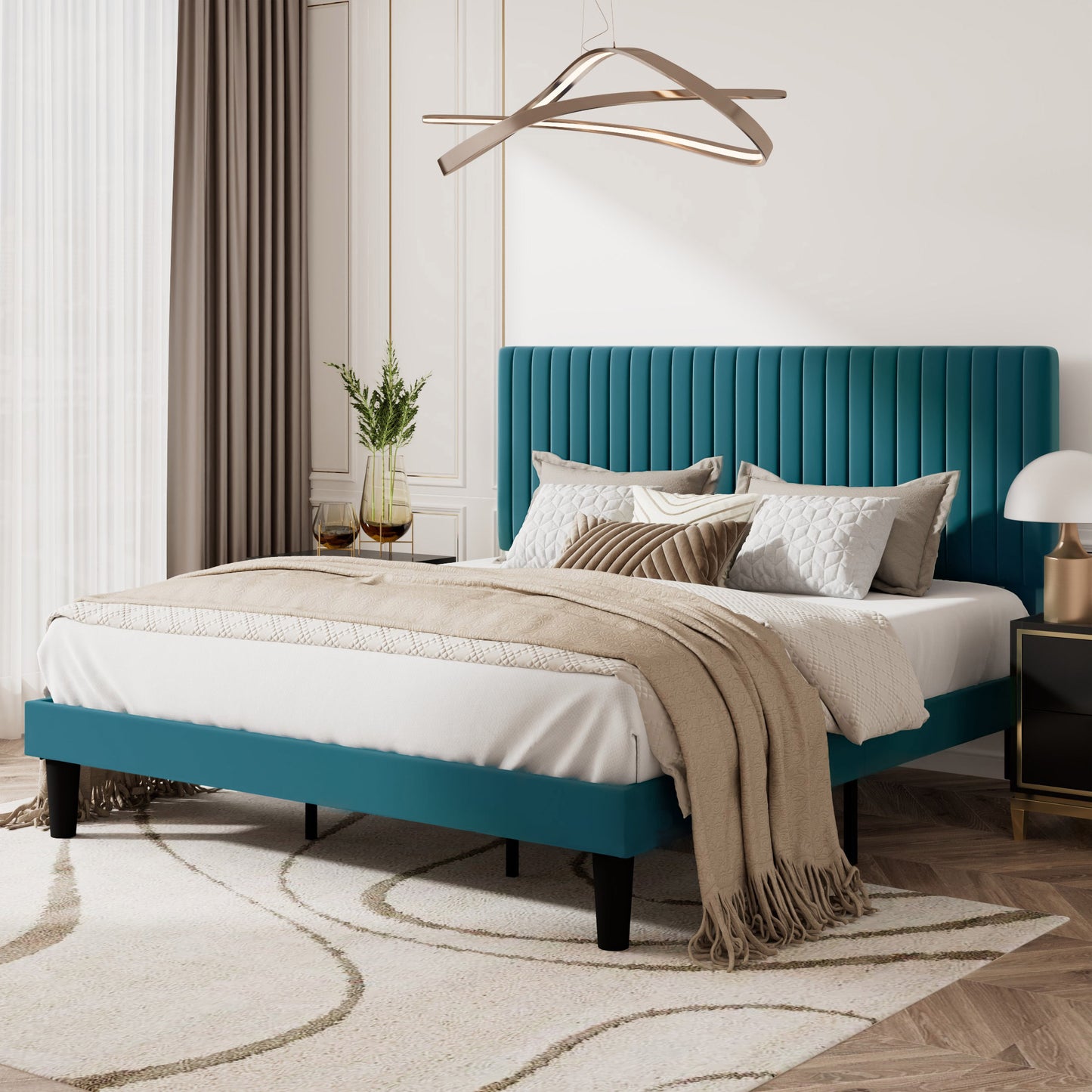Upholstered Platform Bed Frame with Vertical Channel Tufted Velvet Headboard