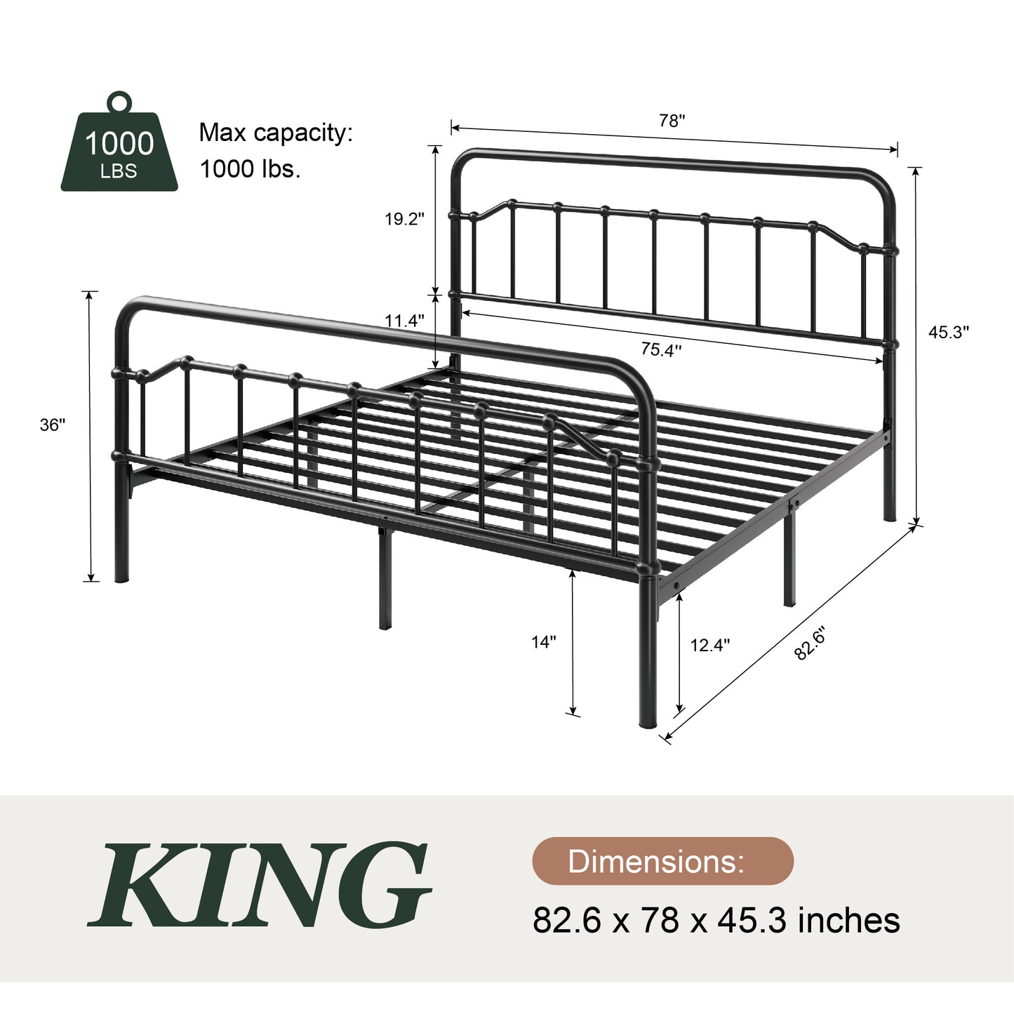 Amolife Bed Frame, Metal Platform Bed with Vintage Headboard&Footboard, No Box Spring Required, Easy Assembly