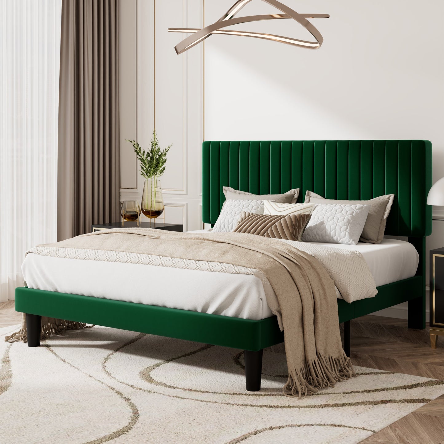 Upholstered Platform Bed Frame with Vertical Channel Tufted Velvet Headboard