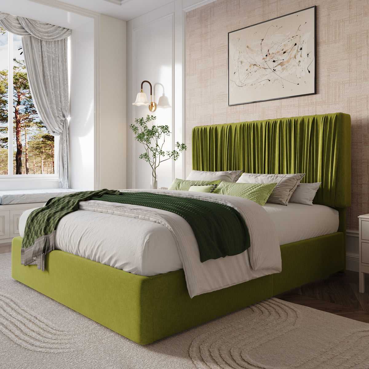 Amolife Bed Frame with Artisanal Pleated Adjustable Headboard, No Box Spring Required
