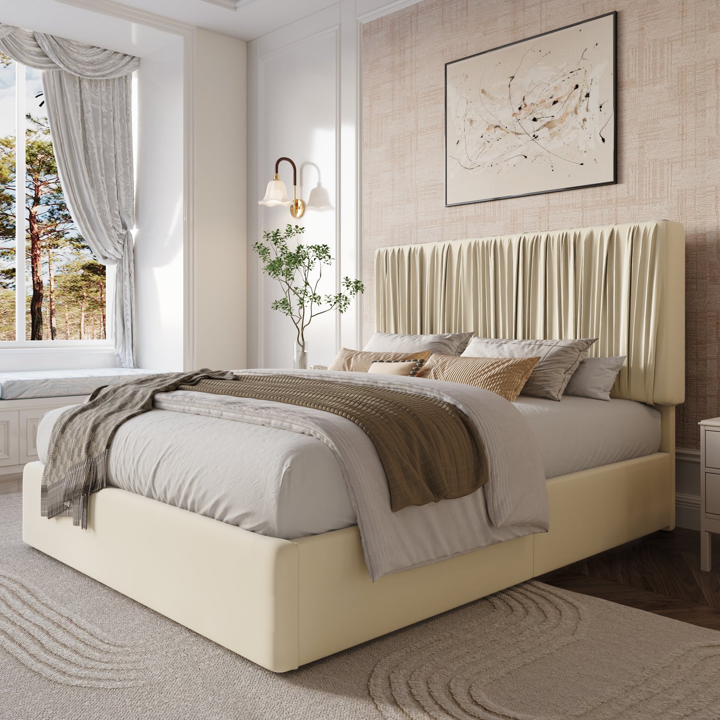 Amolife Bed Frame with Artisanal Pleated Adjustable Headboard, No Box Spring Required