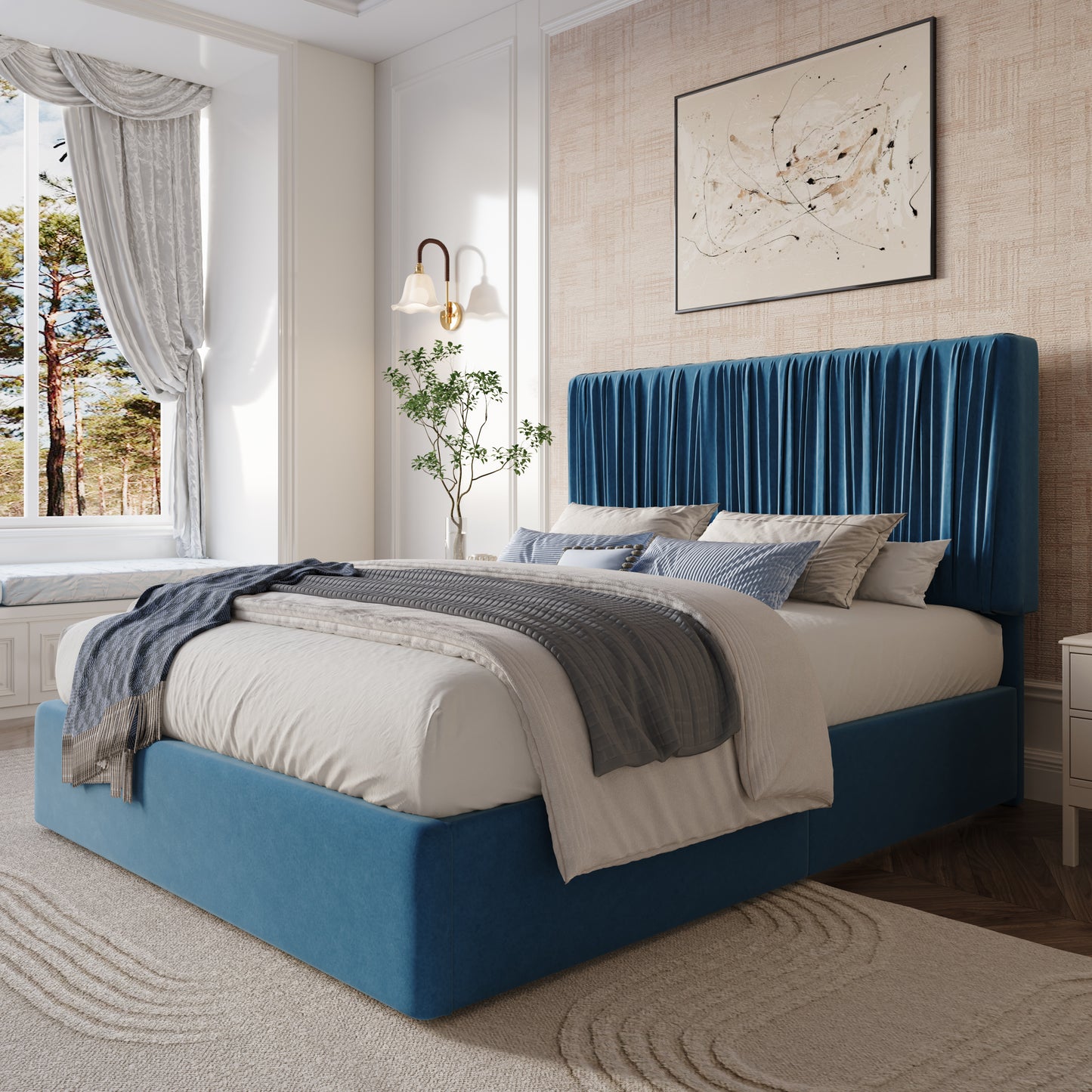 Amolife Bed Frame with Artisanal Pleated Adjustable Headboard, No Box Spring Required