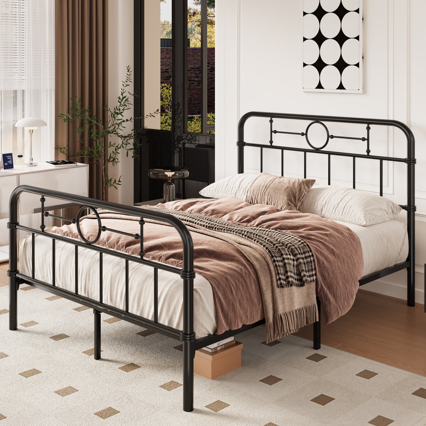 Amolife Bed Frame with Vintage Headboard and Footboard, 12.4" Under-Bed Storage Space, No Box Spring Needed