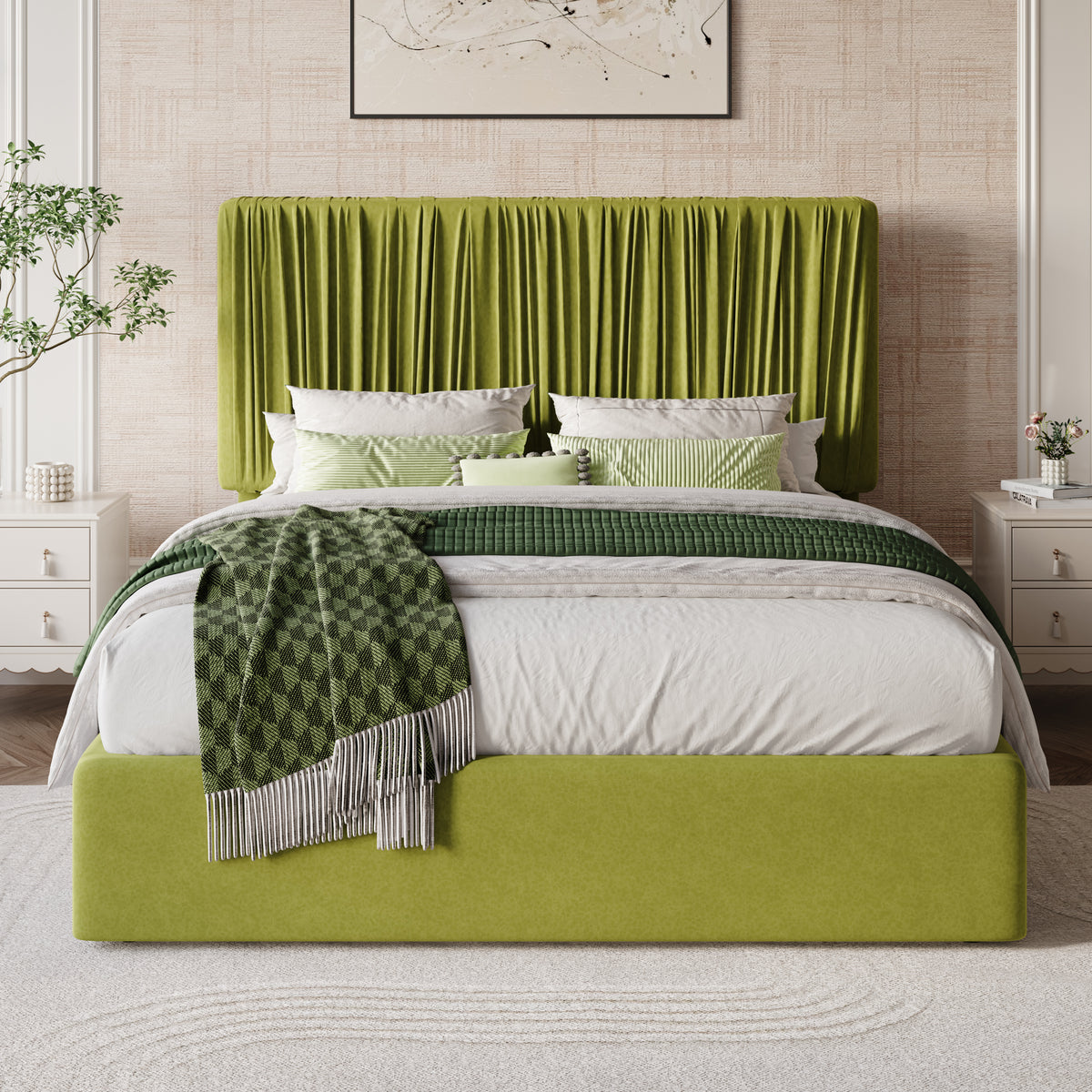 Amolife Bed Frame with Artisanal Pleated Adjustable Headboard, No Box Spring Required