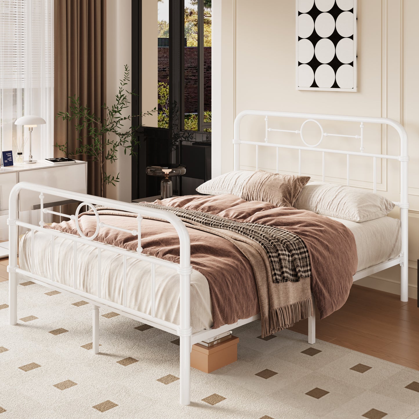 Amolife Bed Frame with Vintage Headboard and Footboard, 12.4" Under-Bed Storage Space, No Box Spring Needed