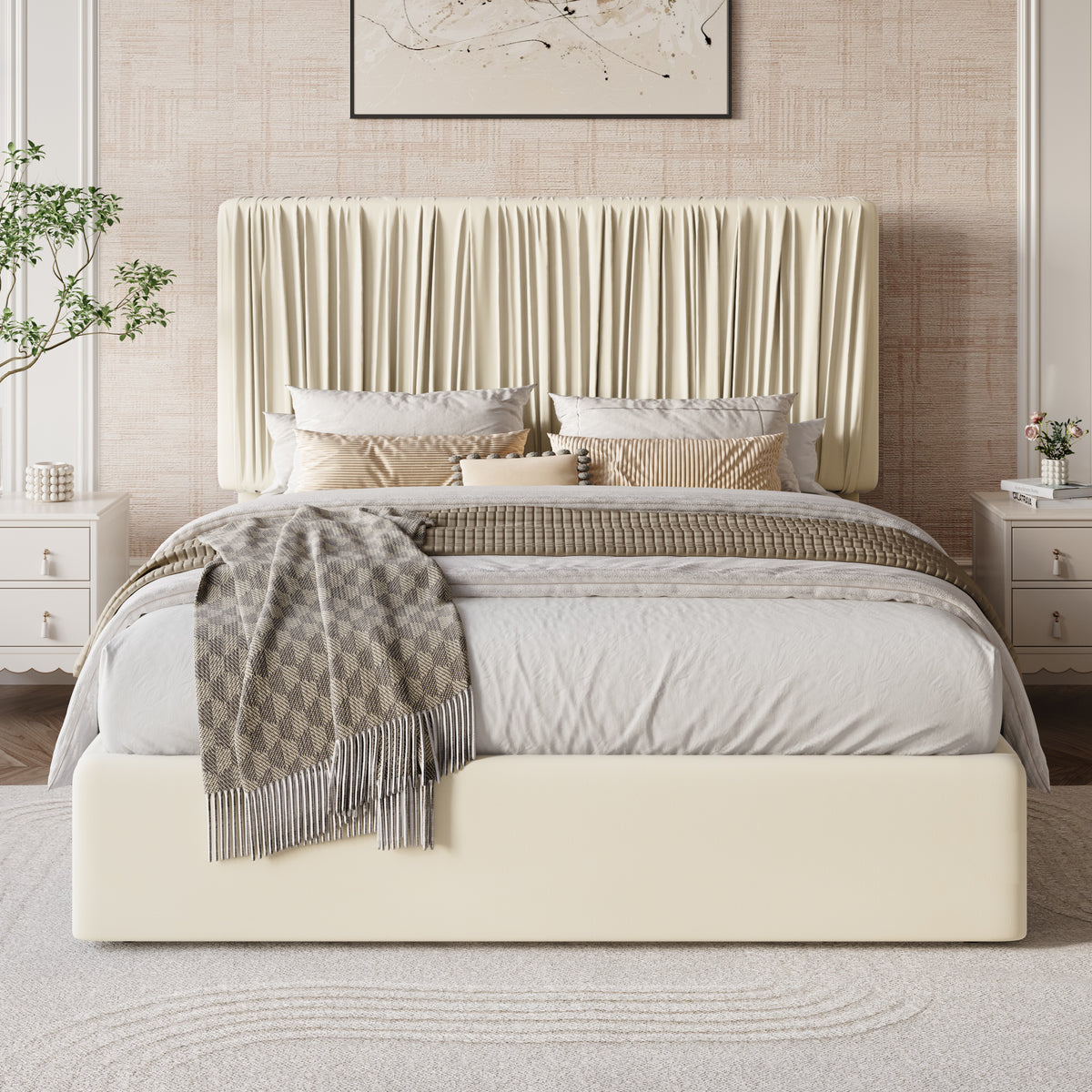 Amolife Bed Frame with Artisanal Pleated Adjustable Headboard, No Box Spring Required