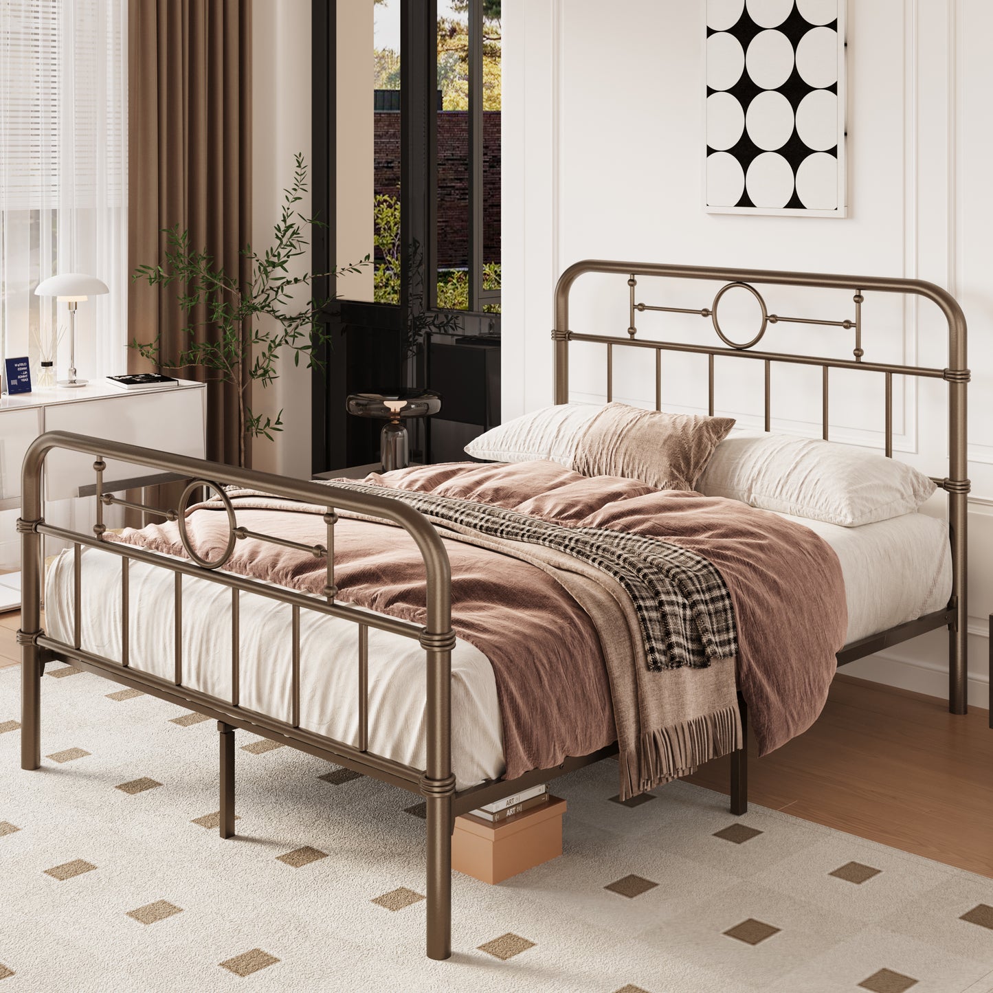 Amolife Bed Frame with Vintage Headboard and Footboard, 12.4" Under-Bed Storage Space, No Box Spring Needed