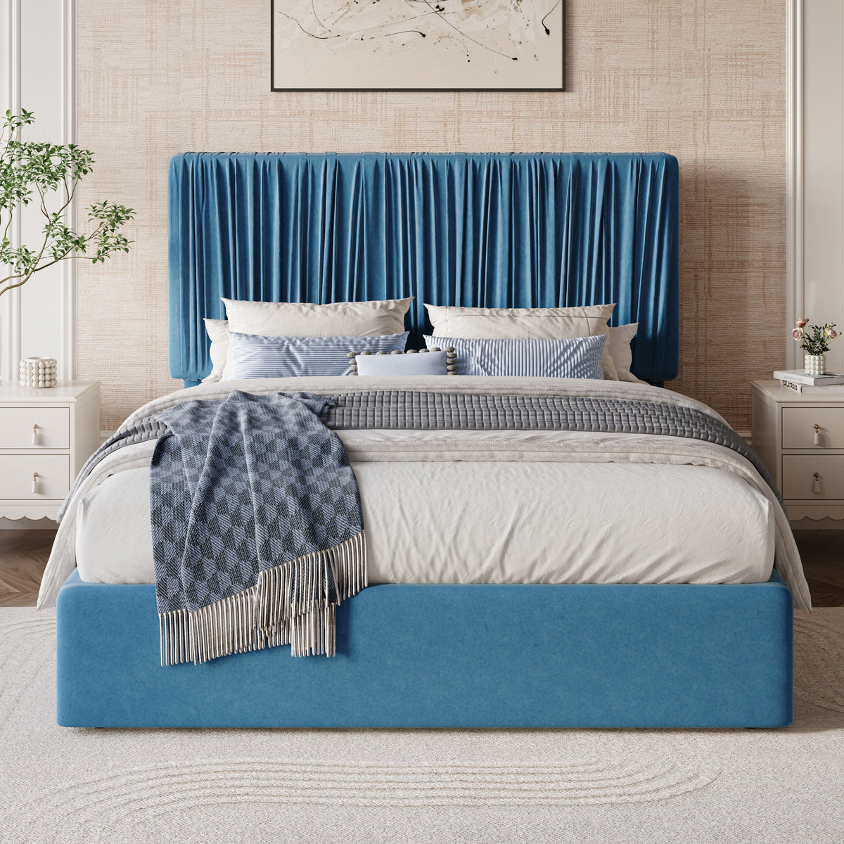 Amolife Bed Frame with Artisanal Pleated Adjustable Headboard, No Box Spring Required