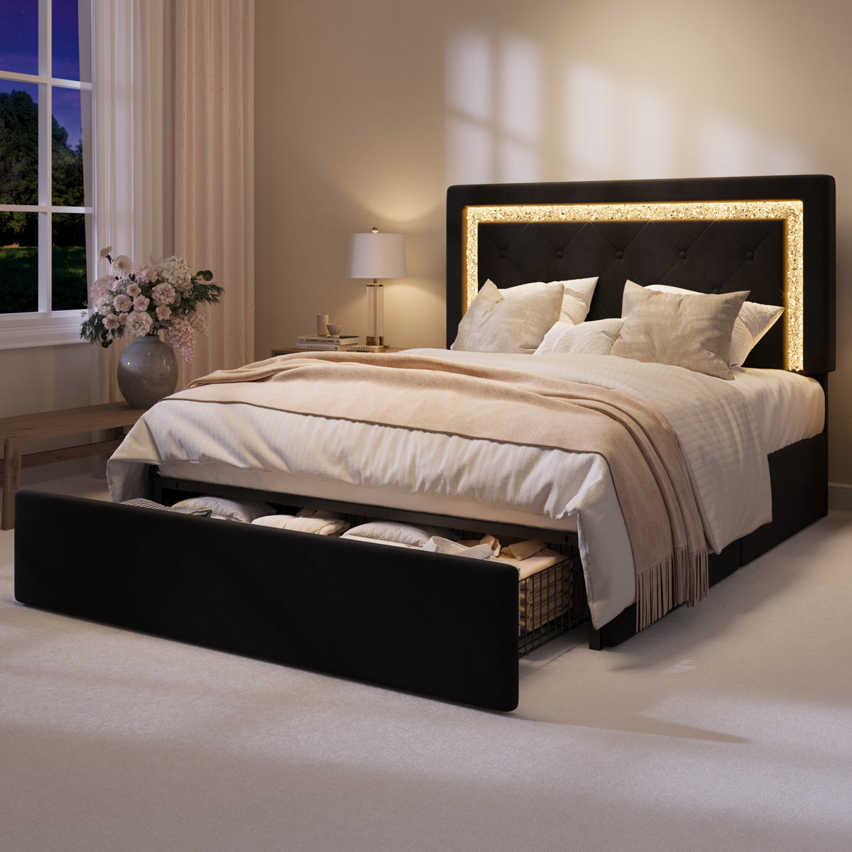 Amolife Bed Frame, Velvet Upholstered Storage Bed with Adjustable Diamond-Tufted Smart LED Headboard, Footboard Drawer