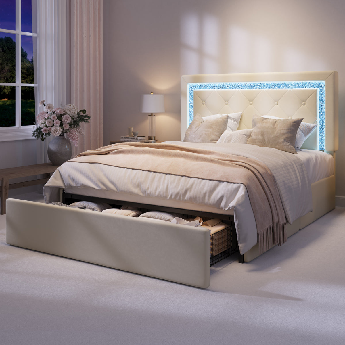 Amolife Bed Frame, Velvet Upholstered Storage Bed with Adjustable Diamond-Tufted Smart LED Headboard, Footboard Drawer