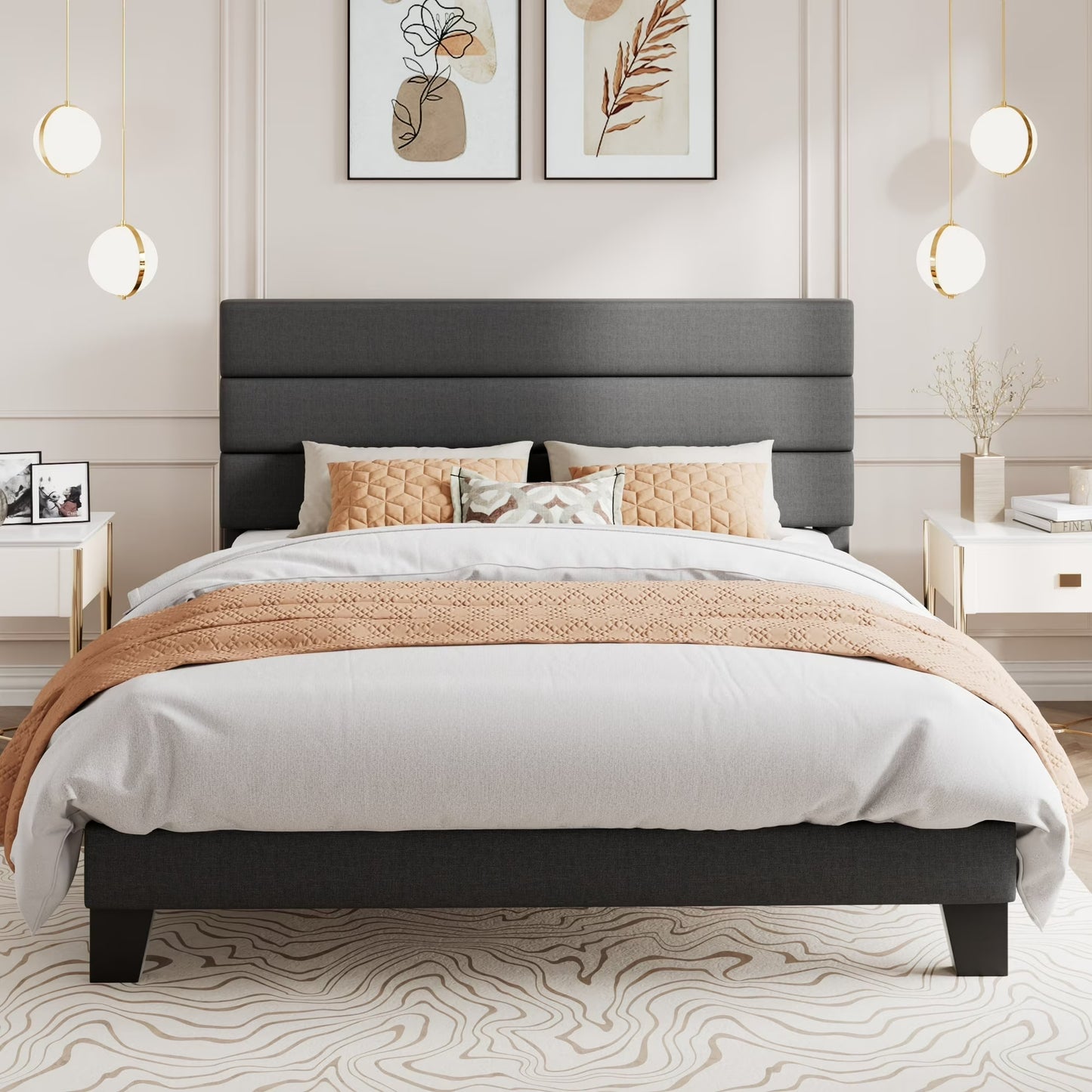 Amolife Modern Upholstered Platform Bed Frame with Headboard and Wooden Slats