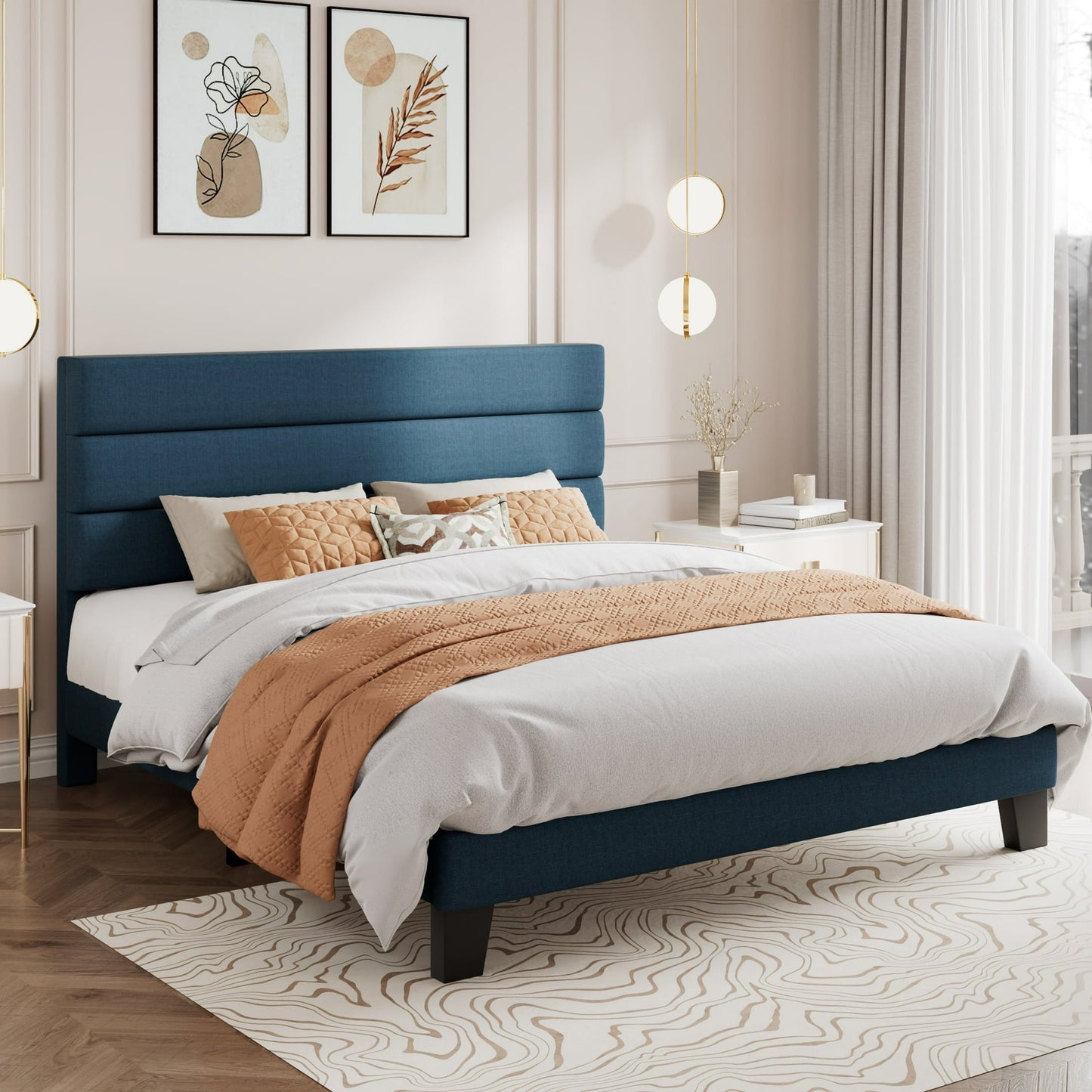 Amolife Modern Upholstered Platform Bed Frame with Headboard and Wooden Slats