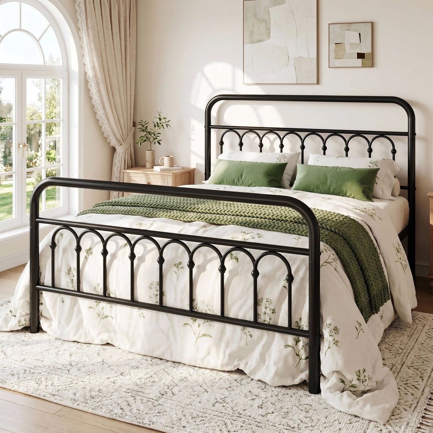 Amolife Elegant Metal Platform Bed with a Retro and Curved Iron-Art Headboard