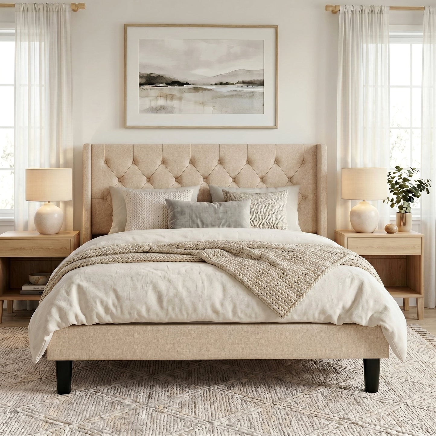 Queen Size Diamond Upholstered Platform Bed Frame with Deluxe Wing Back, Drak Gray