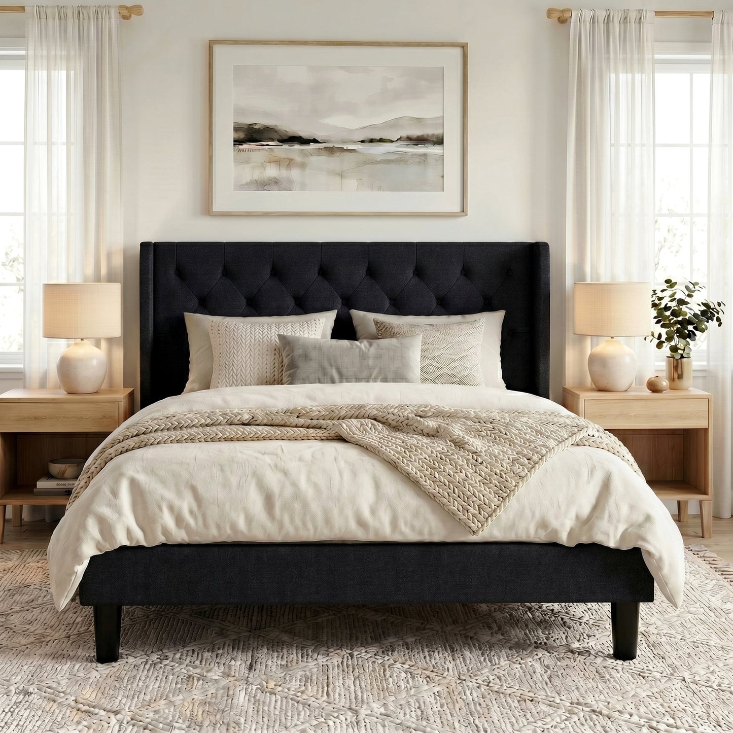 Queen Size Diamond Upholstered Platform Bed Frame with Deluxe Wing Back, Drak Gray