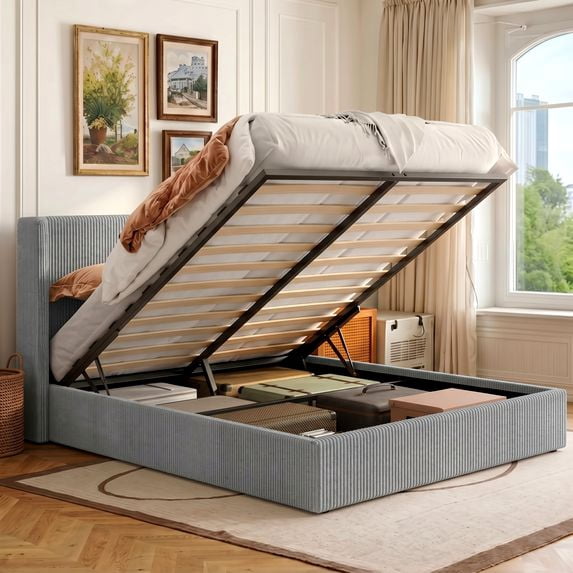 Amolife Hydraulic Lift Storage Bed Frame with Velvet Wingback Headboard, Corduroy Upholstery
