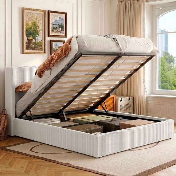 Amolife Hydraulic Lift Storage Bed Frame with Velvet Wingback Headboard, Corduroy Upholstery