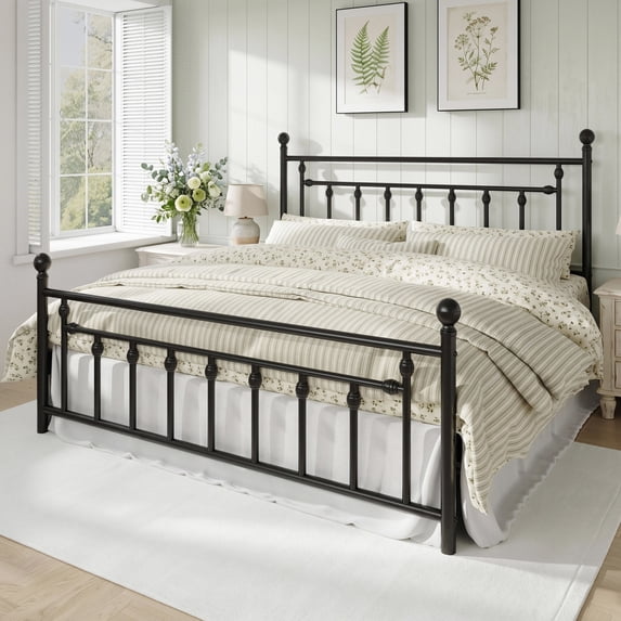 Amolife Metal Platform Bed Frame with Vintage Pattern Headboard
