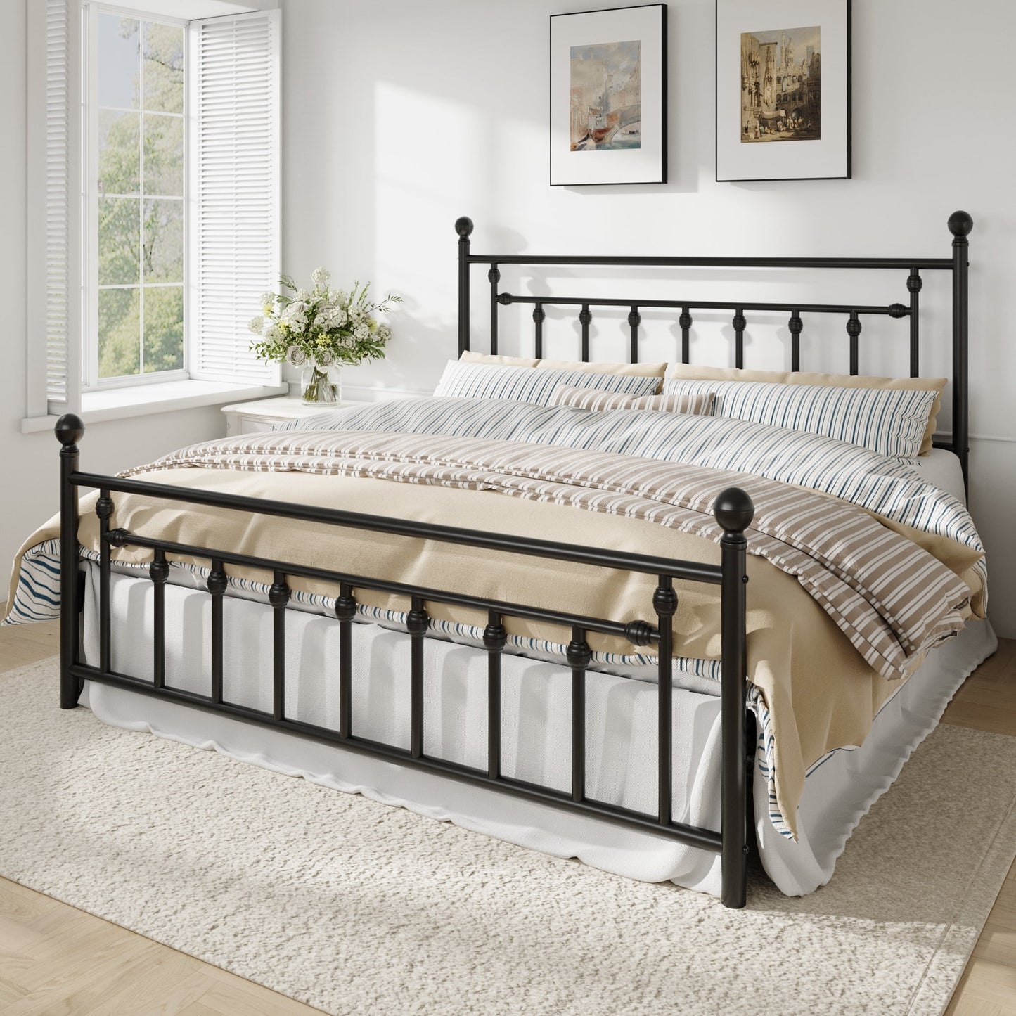 Amolife Metal Platform Bed Frame with Vintage Pattern Headboard