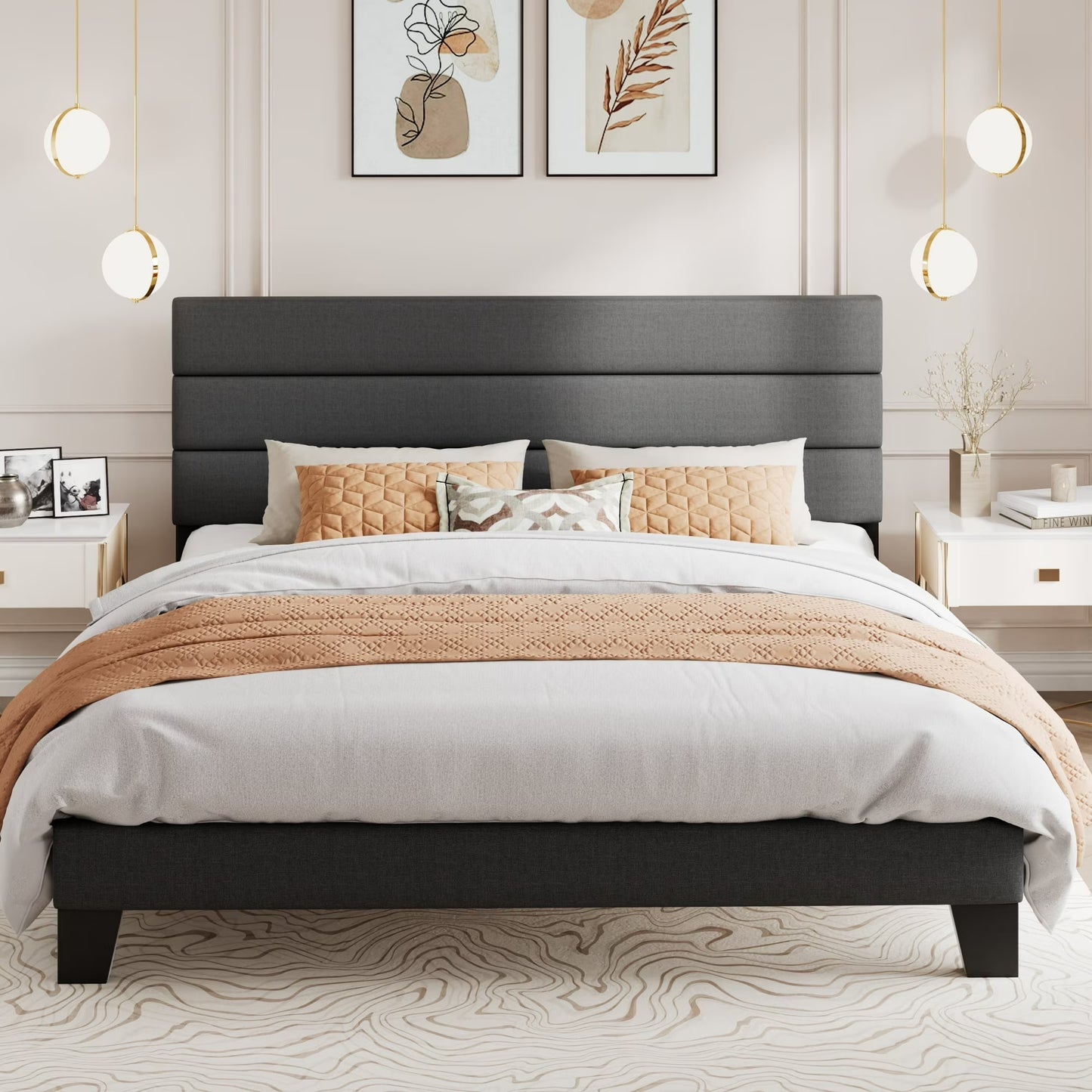Amolife Modern Upholstered Platform Bed Frame with Headboard and Wooden Slats