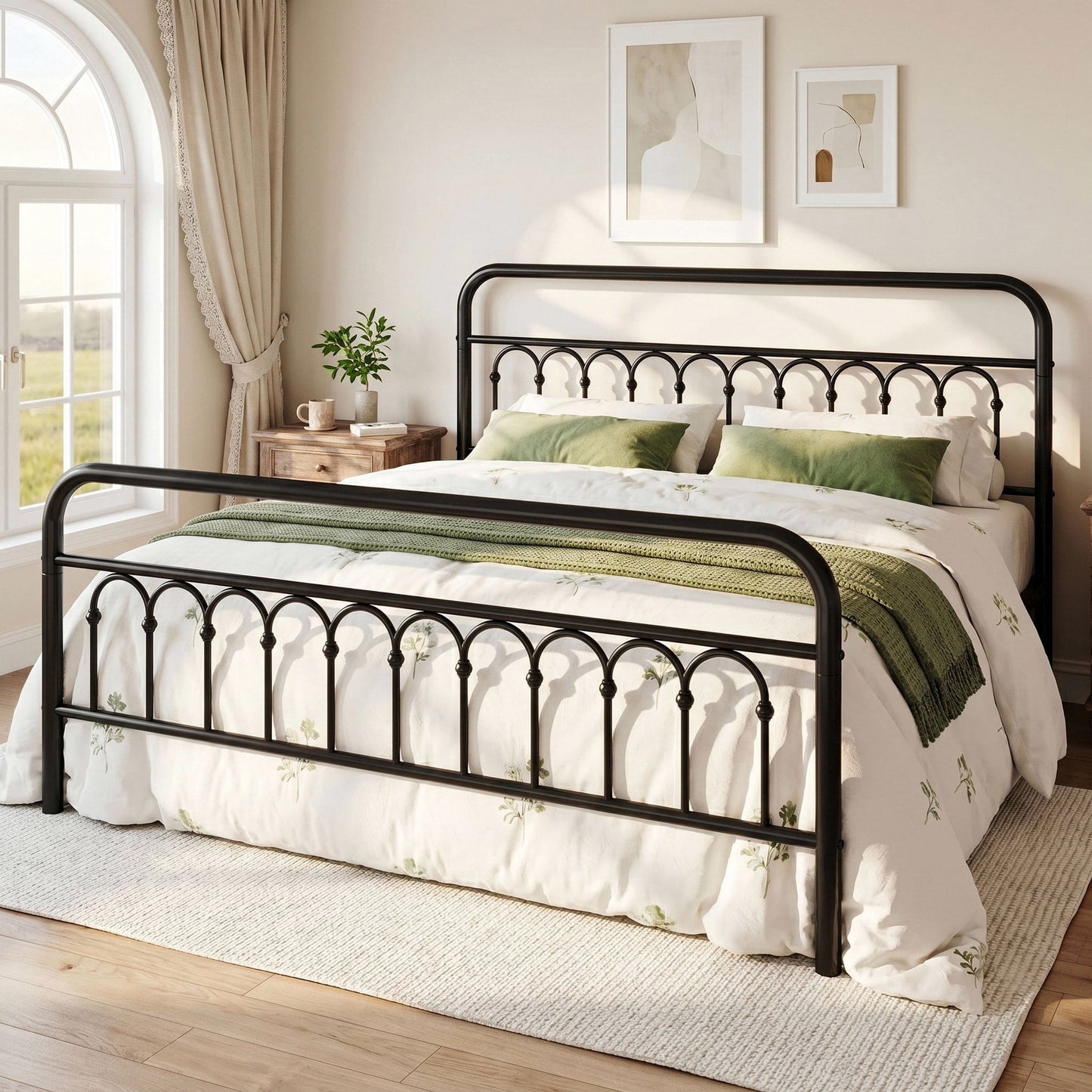 Amolife Elegant Metal Platform Bed with a Retro and Curved Iron-Art Headboard