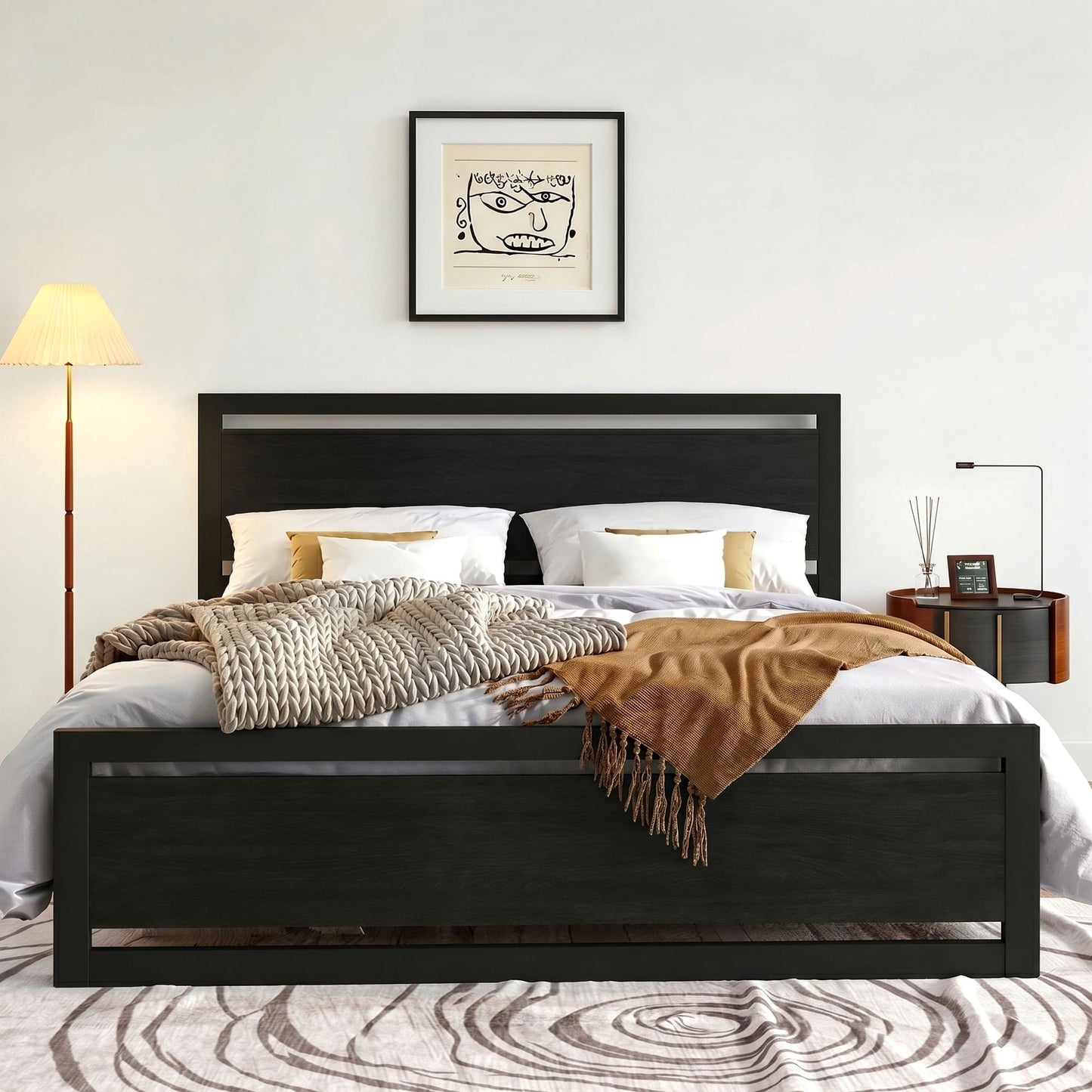 Heavy Duty Platform Bed, Metal Bed Frame with Modern Wooden Headboard & Footboard