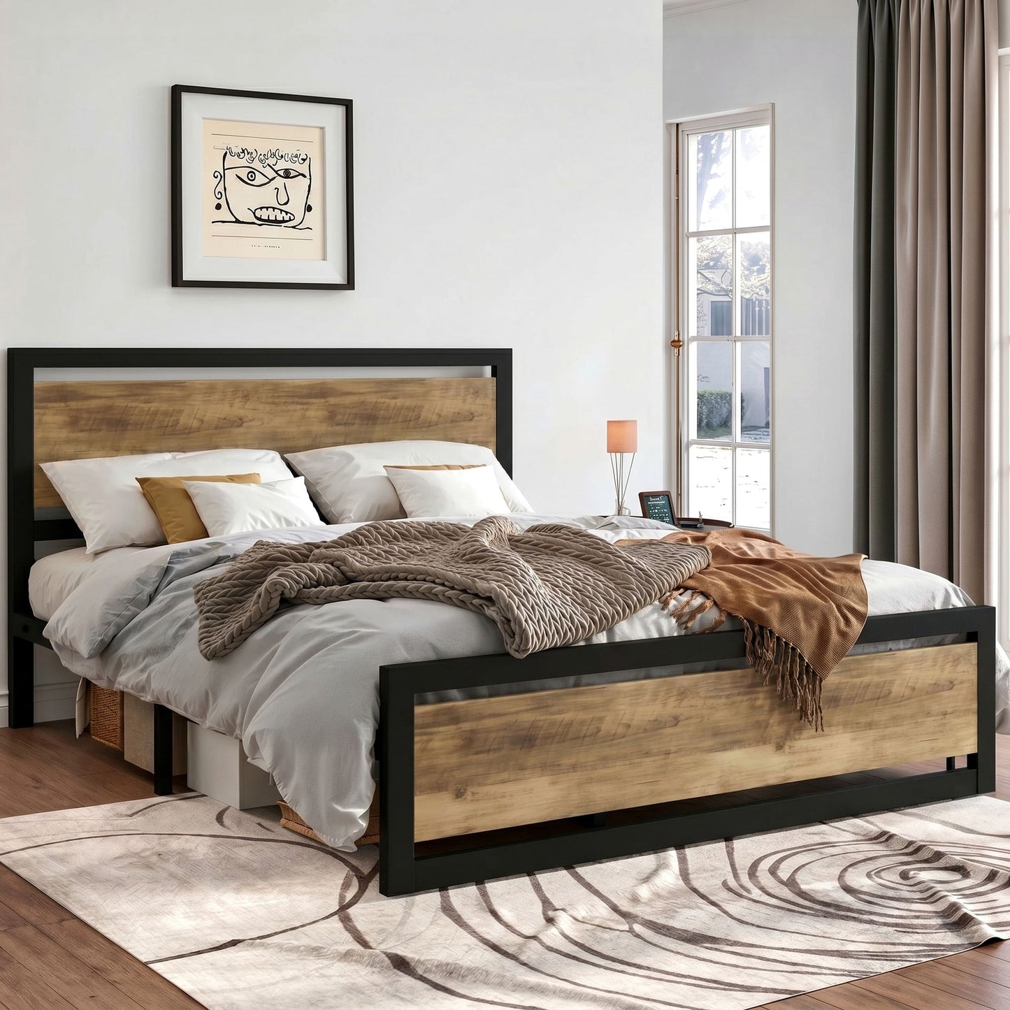 Heavy Duty Platform Bed, Metal Bed Frame with Modern Wooden Headboard & Footboard
