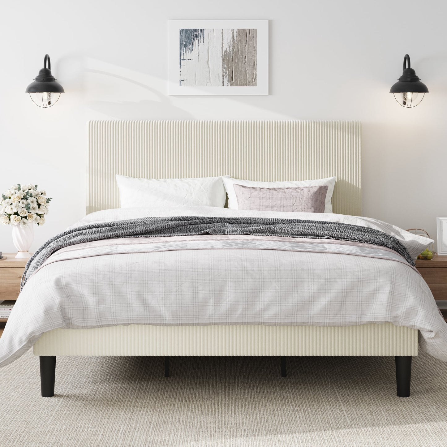 Amolife Platform Bed Frame with Corduroy Fabric Upholstered Adjustable Height Headboard