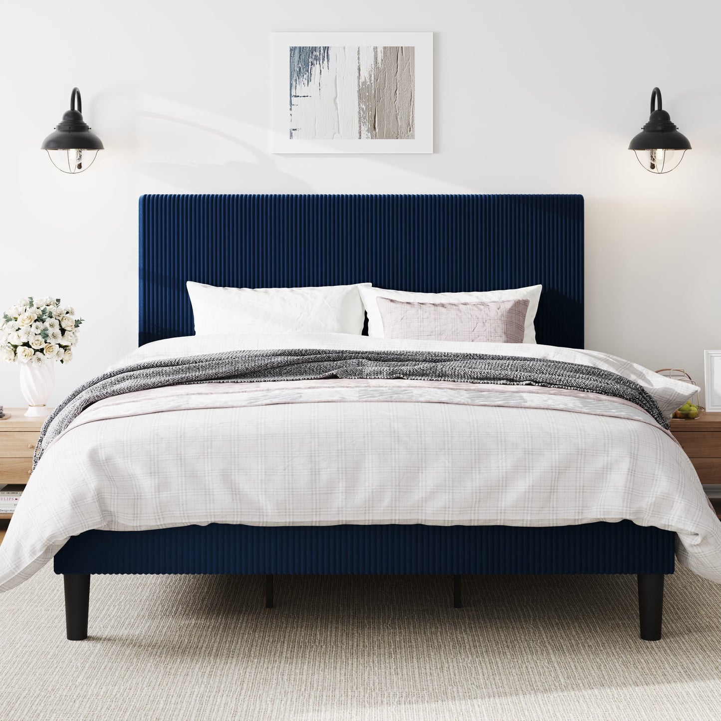 Amolife Platform Bed Frame with Corduroy Fabric Upholstered Adjustable Height Headboard