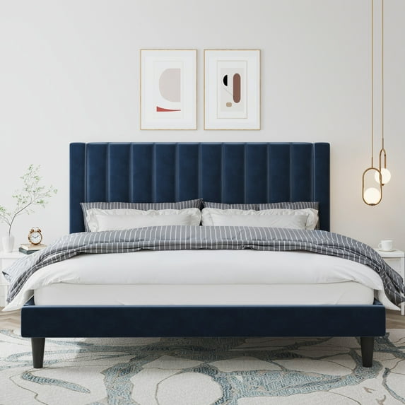 Velvet Upholstered Platform Bed Frame with Headboard, Strong Wood Slats Support