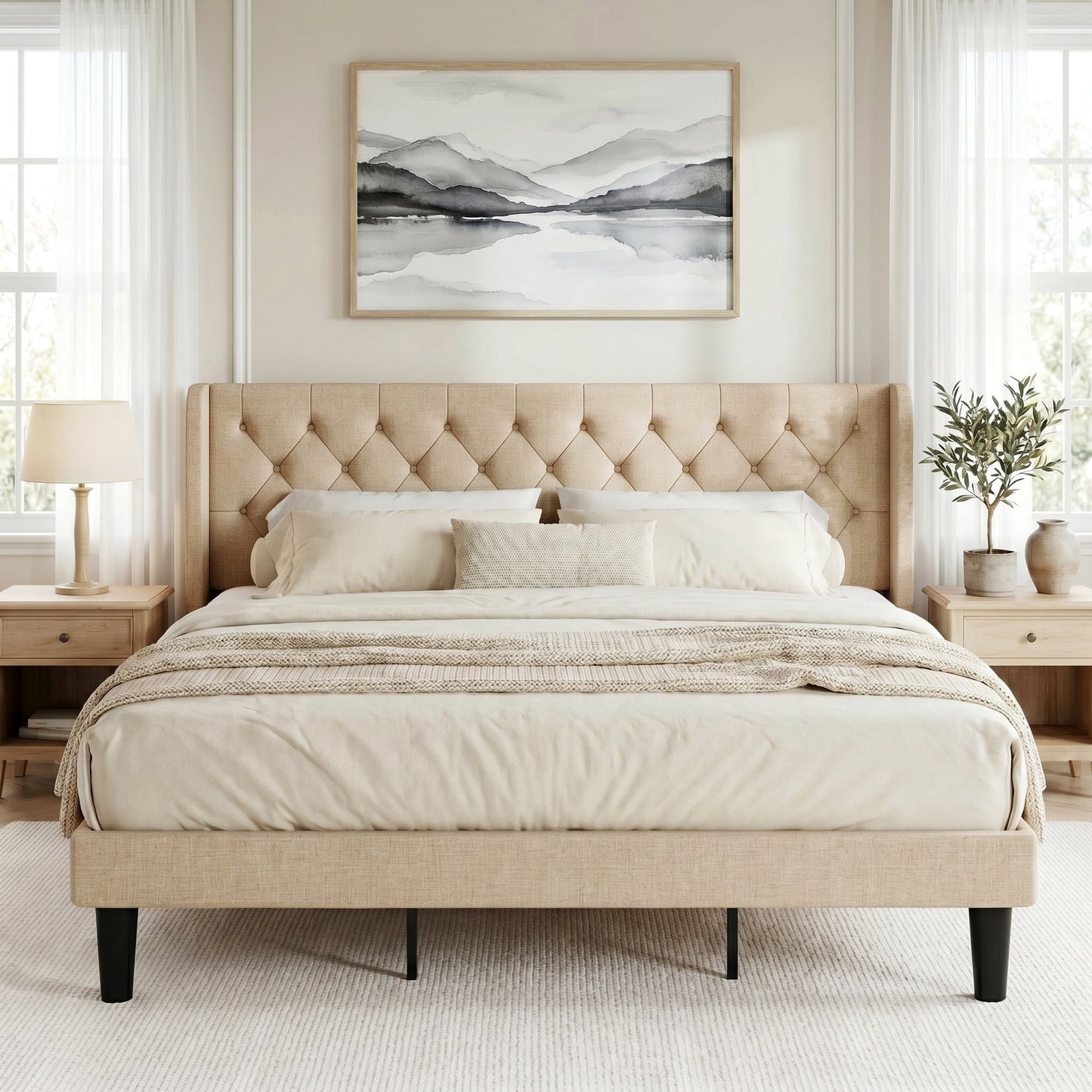 Queen Size Diamond Upholstered Platform Bed Frame with Deluxe Wing Back, Drak Gray