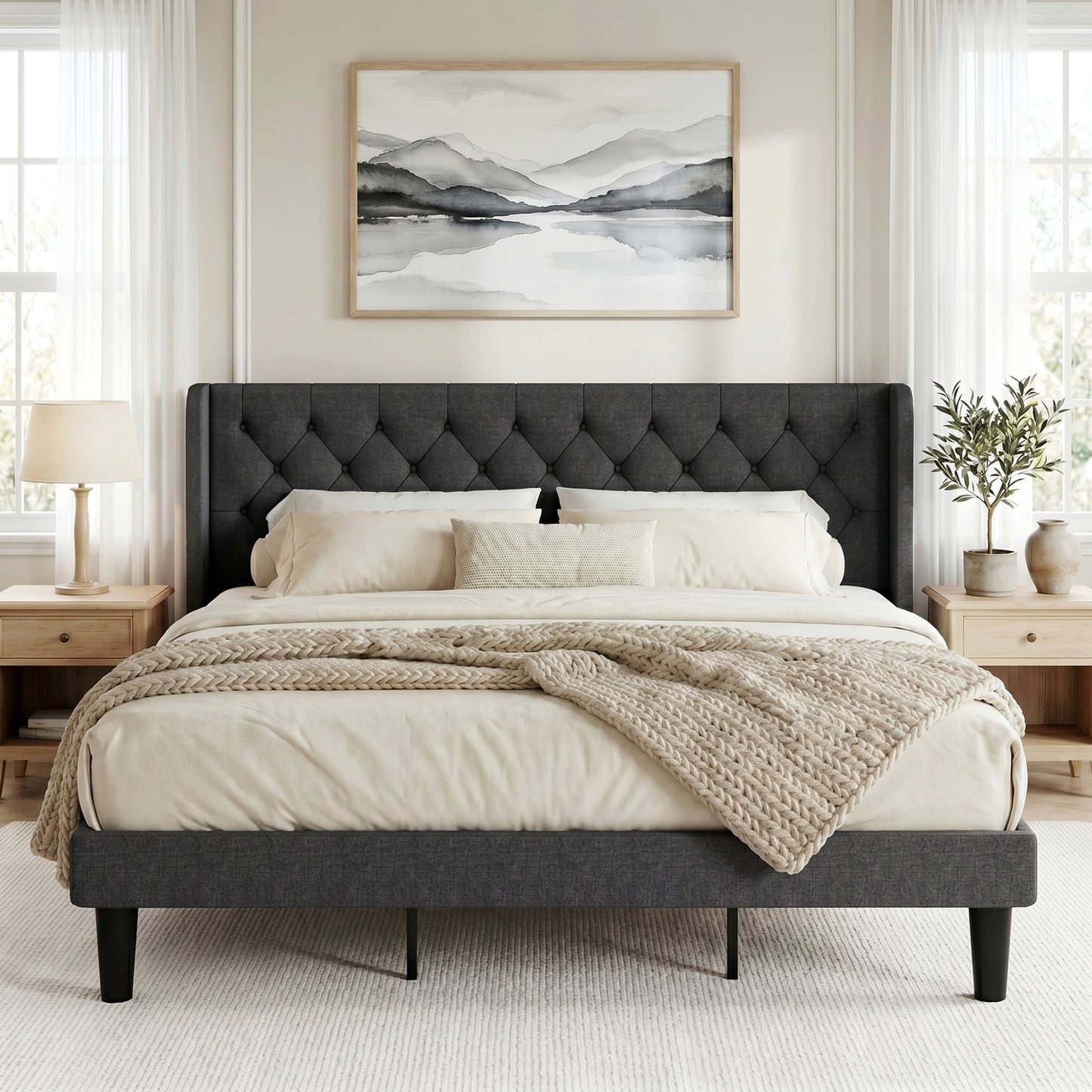 Queen Size Diamond Upholstered Platform Bed Frame with Deluxe Wing Back, Drak Gray