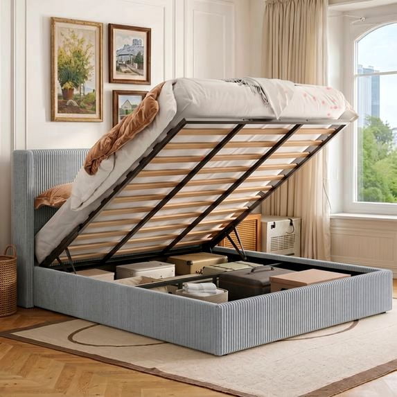 Amolife Hydraulic Lift Storage Bed Frame with Velvet Wingback Headboard, Corduroy Upholstery