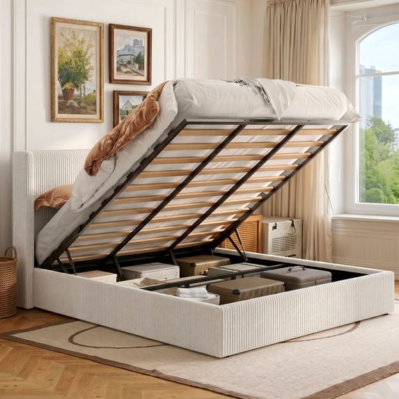 Amolife Hydraulic Lift Storage Bed Frame with Velvet Wingback Headboard, Corduroy Upholstery