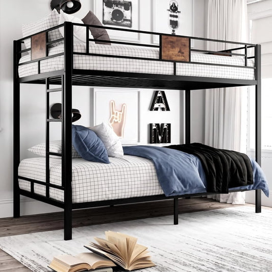 Amolife Metal Twin Over Twin Size Bunk Bed Frame with Stairs & Full-Length Guardrail, Black