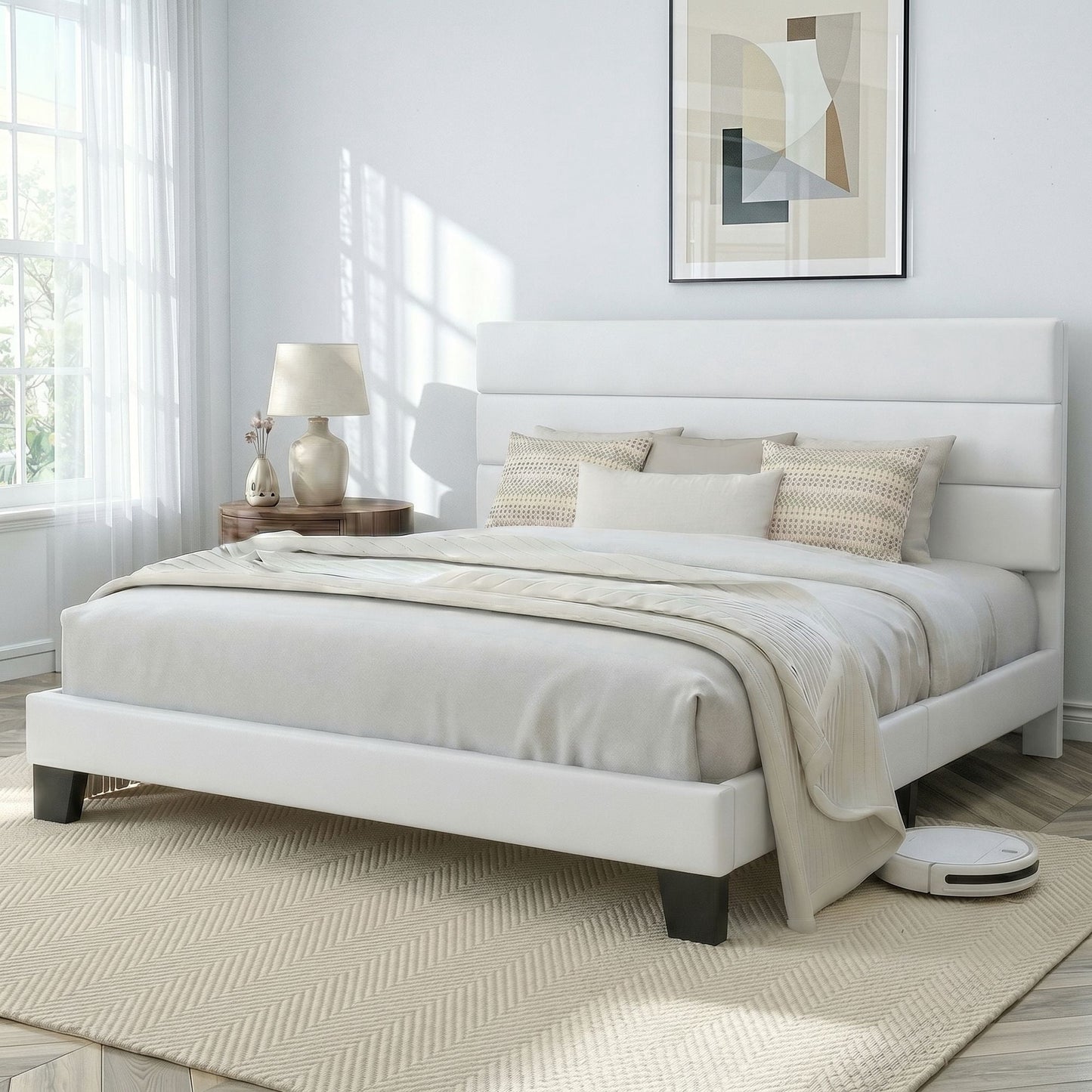 Amolife Platform Bed Frame with Upholstered Velvet Headboard, No Box Spring Needed, Easy Assembly, White