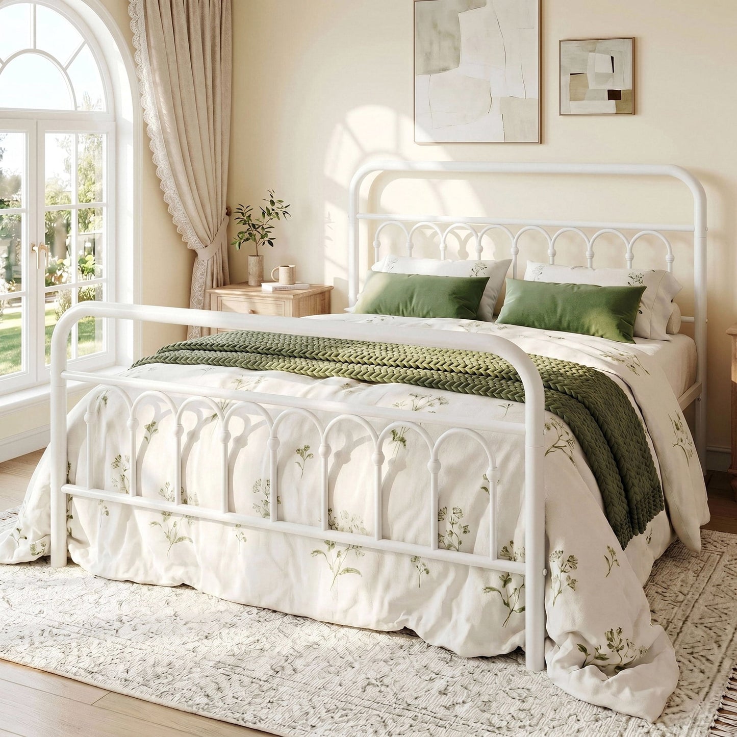 Amolife Elegant Metal Platform Bed with a Retro and Curved Iron-Art Headboard