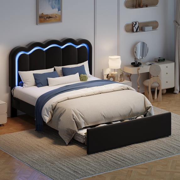 Amolife LED Bed Frame with Drawer, Velvet Upholstered Platform Bed Frame with Adjustable Wavy Headboard