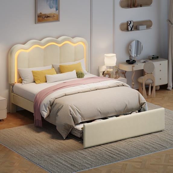 Amolife LED Bed Frame with Drawer, Velvet Upholstered Platform Bed Frame with Adjustable Wavy Headboard