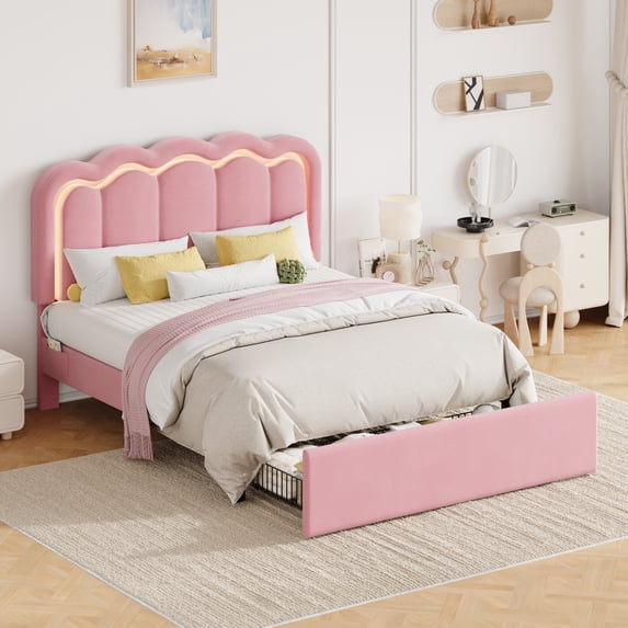 Amolife LED Bed Frame with Drawer, Velvet Upholstered Platform Bed Frame with Adjustable Wavy Headboard