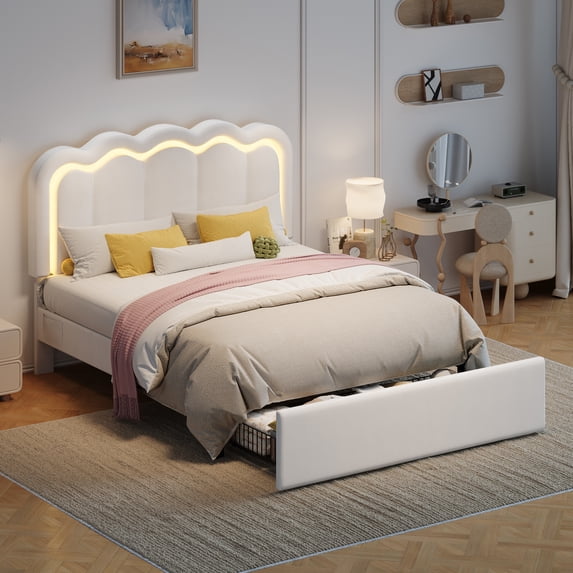 Amolife LED Bed Frame with Drawer, Velvet Upholstered Platform Bed Frame with Adjustable Wavy Headboard