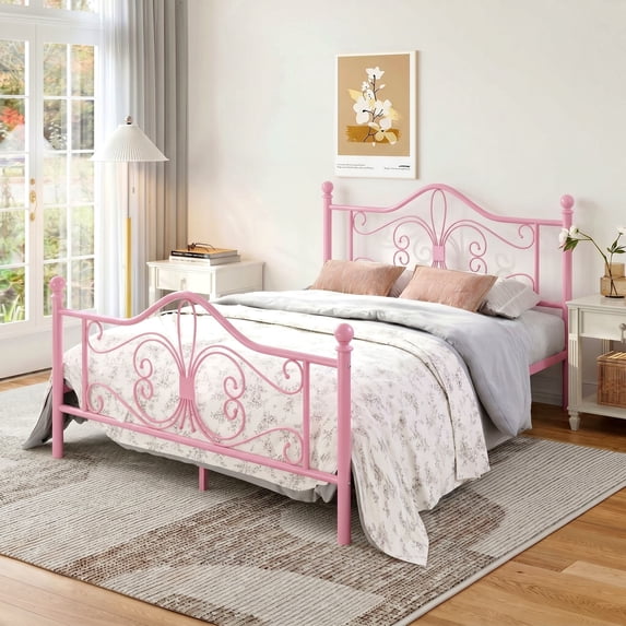 Amolife Metal Platform Bed Frame With Vintage Butterfly Pattern Headboard&Footboard