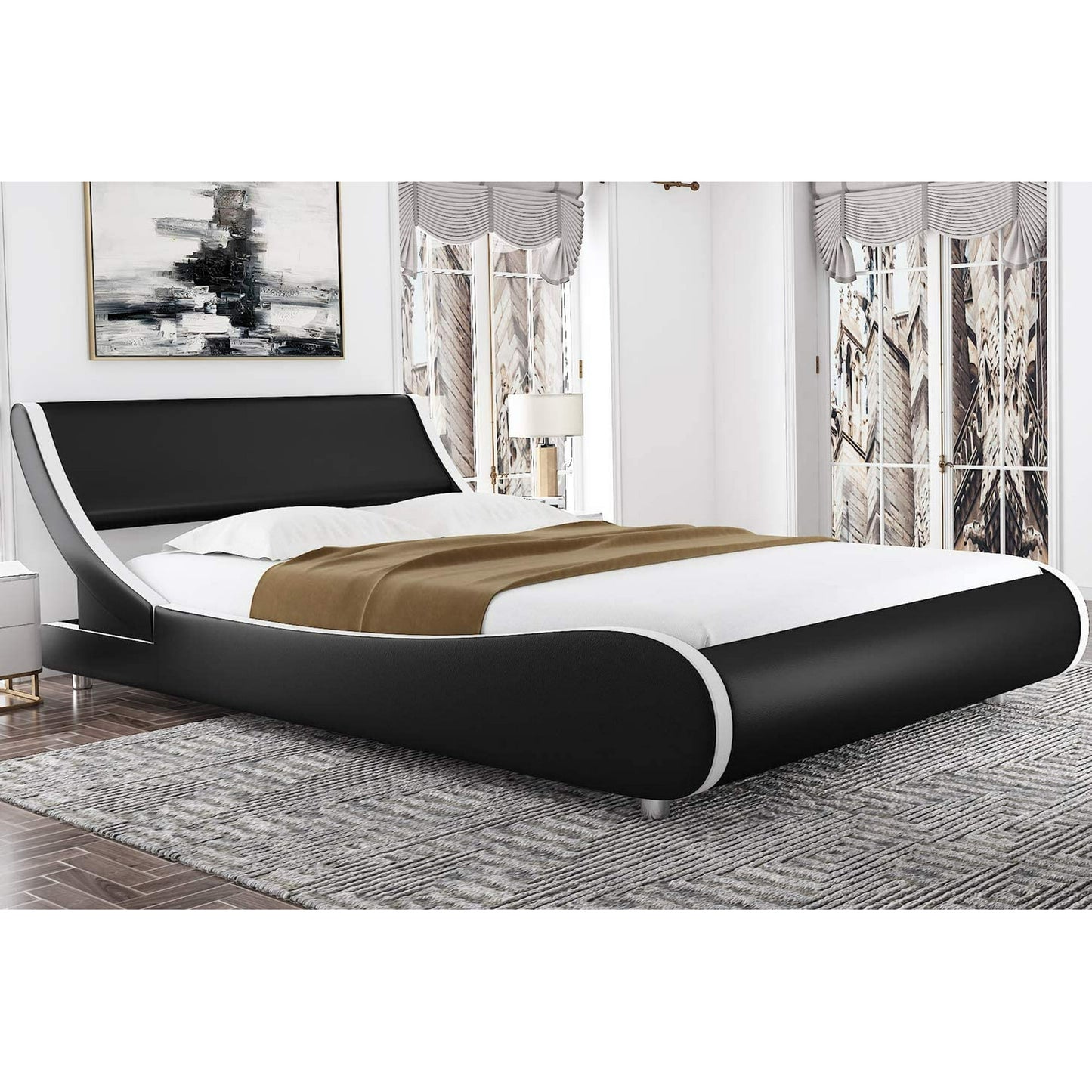 Platform Bed, Faux Leather Low Profile Sleigh Bed Frame with Adjustable Headboard, Wood Slat Support