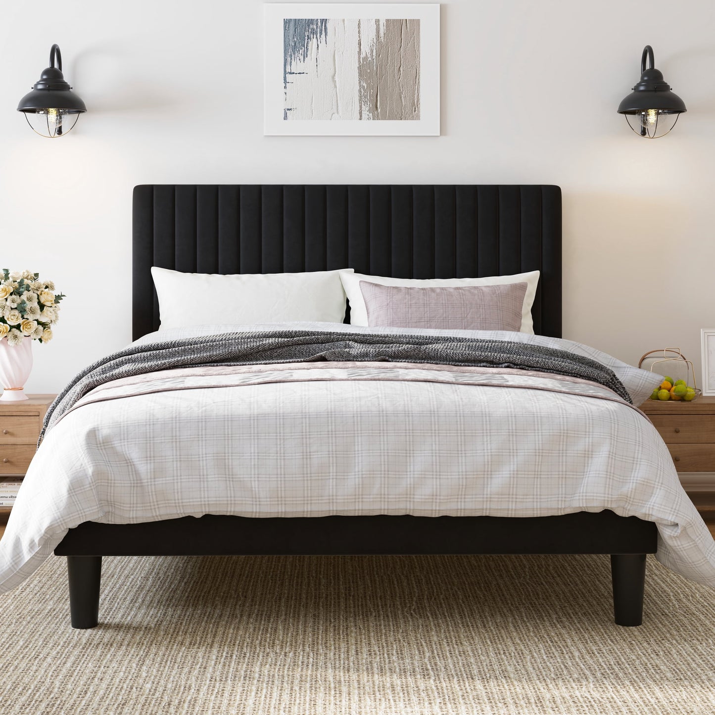 Upholstered Platform Bed Frame with Vertical Channel Tufted Velvet Headboard